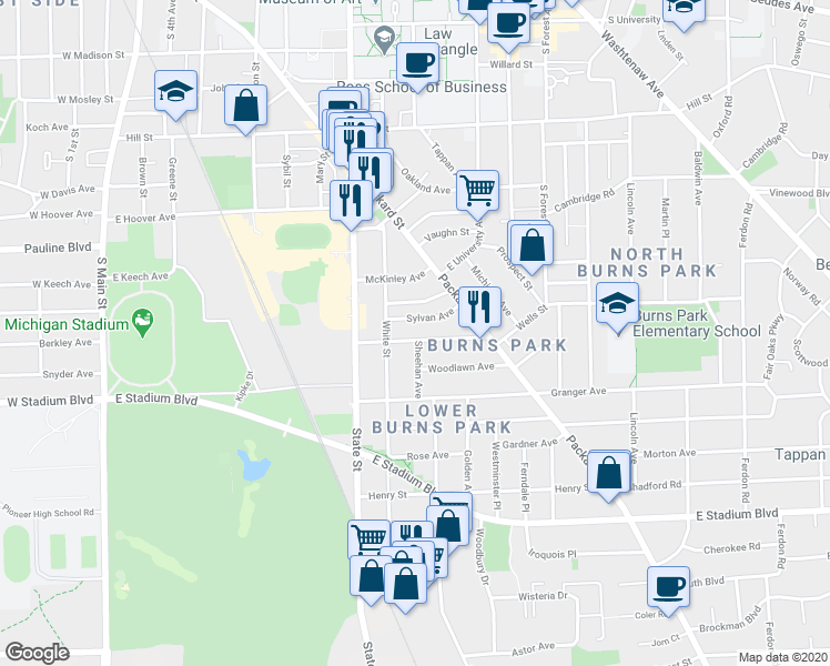 map of restaurants, bars, coffee shops, grocery stores, and more near 910 Dewey Avenue in Ann Arbor