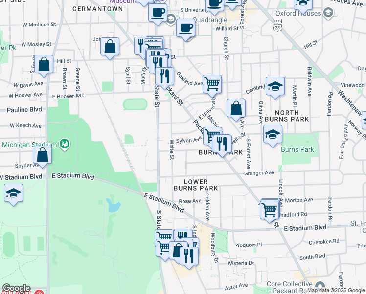 map of restaurants, bars, coffee shops, grocery stores, and more near 804 Dewey Avenue in Ann Arbor