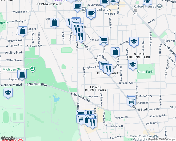 map of restaurants, bars, coffee shops, grocery stores, and more near 804 Dewey Avenue in Ann Arbor