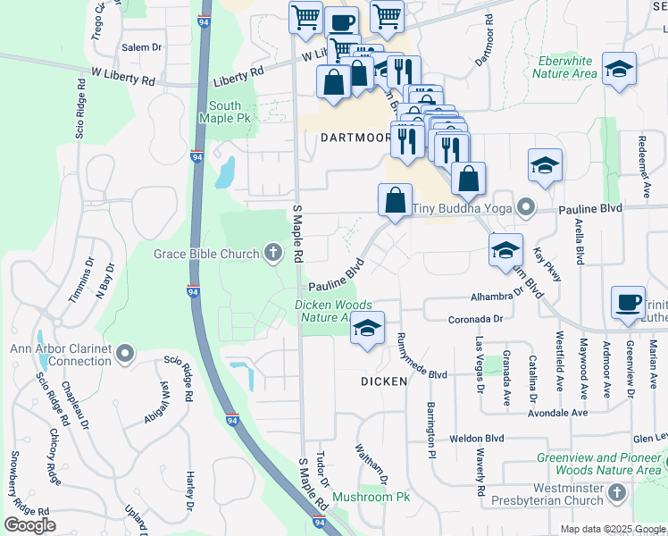 map of restaurants, bars, coffee shops, grocery stores, and more near 2150 Pauline Boulevard in Ann Arbor