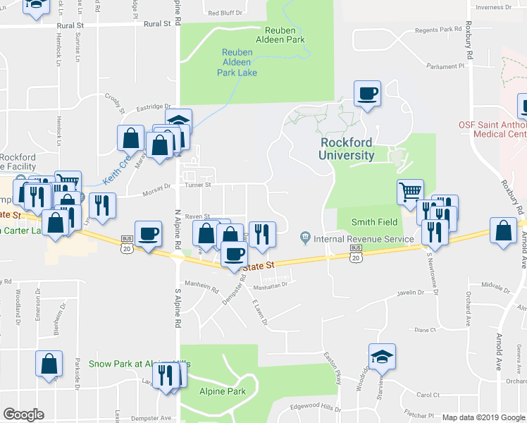 map of restaurants, bars, coffee shops, grocery stores, and more near 138 Flintridge Drive in Rockford