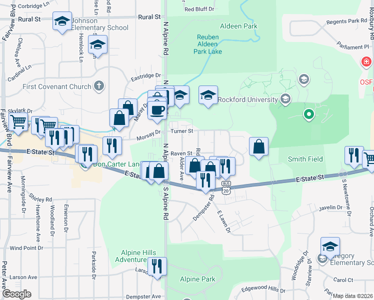 map of restaurants, bars, coffee shops, grocery stores, and more near 210 Ridgeview Avenue in Rockford