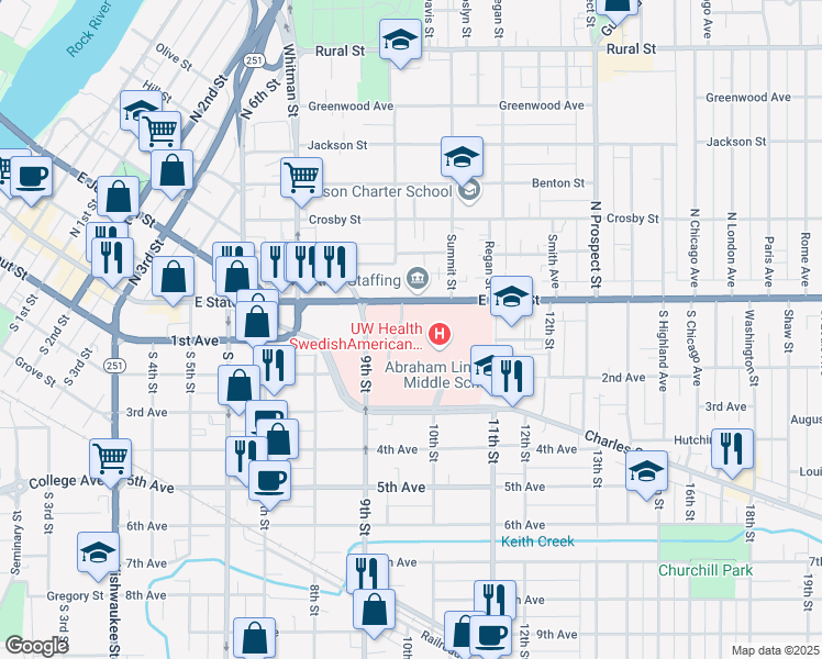map of restaurants, bars, coffee shops, grocery stores, and more near 1313 East State Street in Rockford