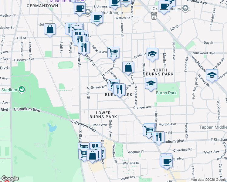 map of restaurants, bars, coffee shops, grocery stores, and more near 933 Woodlawn Avenue in Ann Arbor