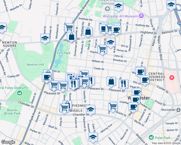 map of restaurants, bars, coffee shops, grocery stores, and more near 82 Elm Street in Worcester