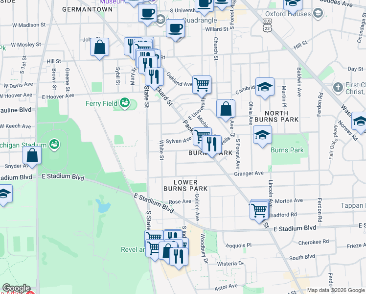 map of restaurants, bars, coffee shops, grocery stores, and more near 913 Dewey Street in Ann Arbor