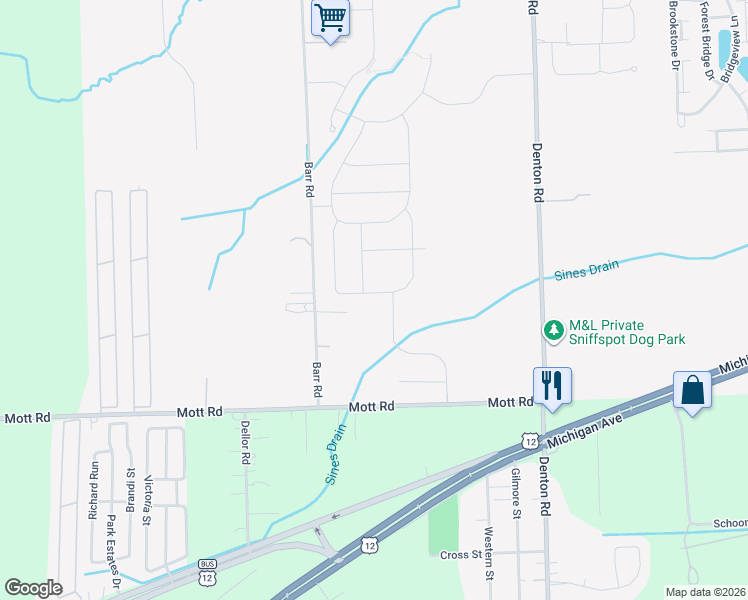 map of restaurants, bars, coffee shops, grocery stores, and more near 5305 Barr Road in Wayne County
