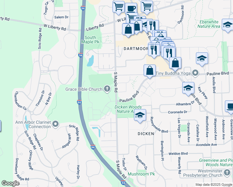 map of restaurants, bars, coffee shops, grocery stores, and more near in Ann Arbor