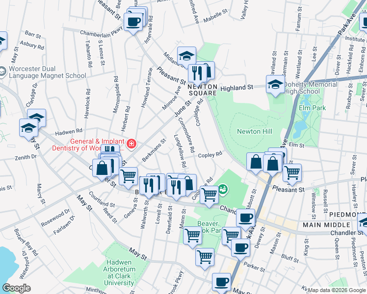 map of restaurants, bars, coffee shops, grocery stores, and more near 59 Longfellow Road in Worcester