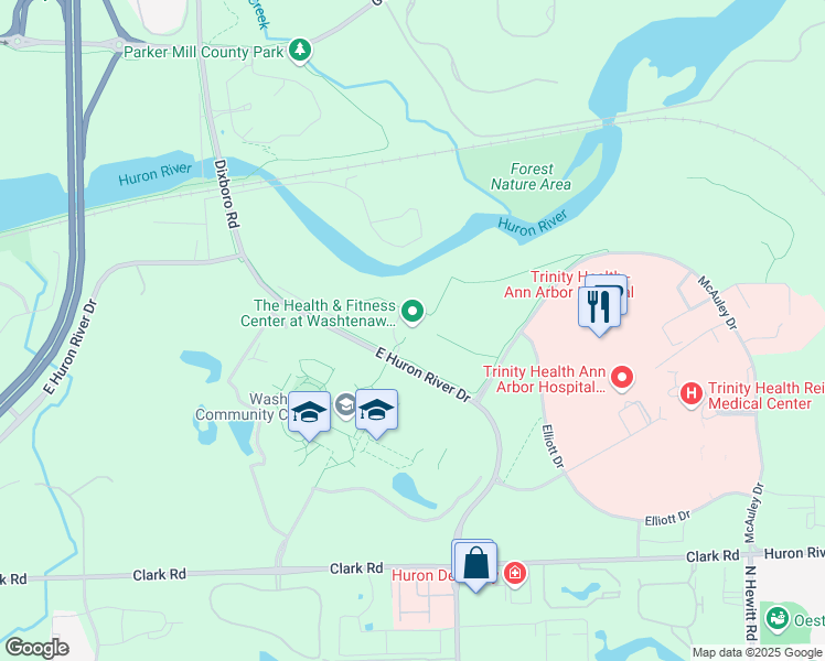 map of restaurants, bars, coffee shops, grocery stores, and more near 4833 East Huron River Drive in Ann Arbor