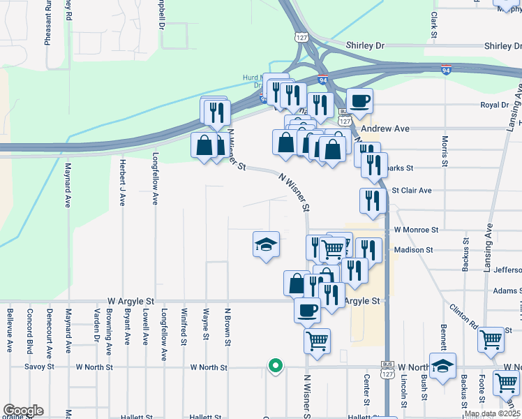 map of restaurants, bars, coffee shops, grocery stores, and more near 1401 North Brown Street in Jackson