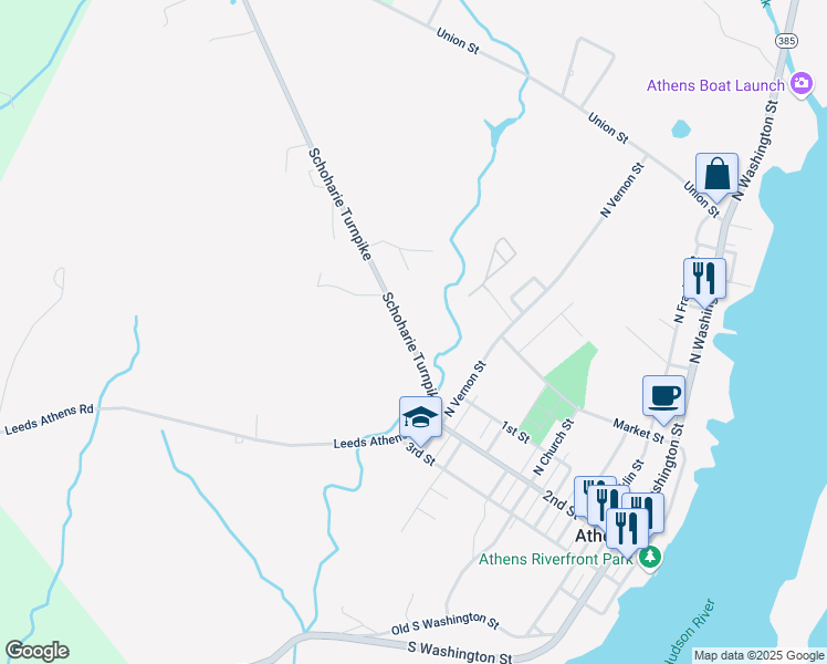 map of restaurants, bars, coffee shops, grocery stores, and more near 52 Schoharie Turnpike in Athens