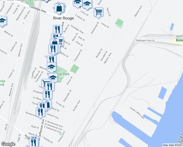 map of restaurants, bars, coffee shops, grocery stores, and more near 310 Goodell Street in River Rouge