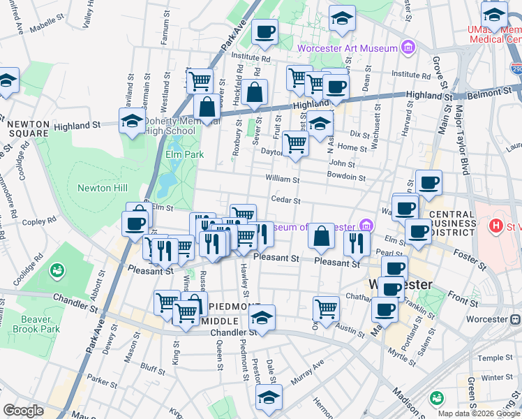 map of restaurants, bars, coffee shops, grocery stores, and more near 82 Elm Street in Worcester