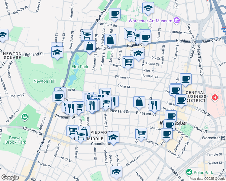 map of restaurants, bars, coffee shops, grocery stores, and more near 21 Fruit Street in Worcester