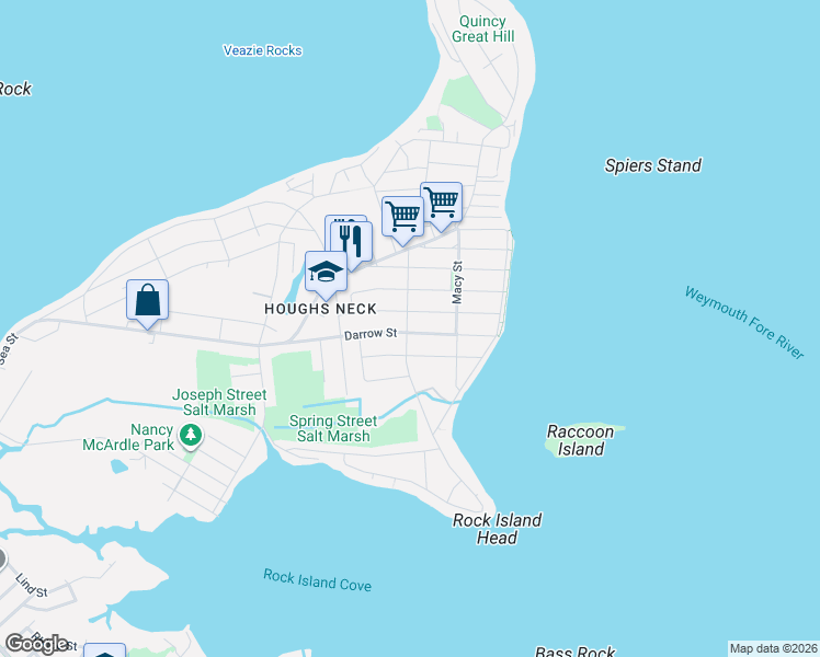 map of restaurants, bars, coffee shops, grocery stores, and more near 85 Rock Island Road in Quincy