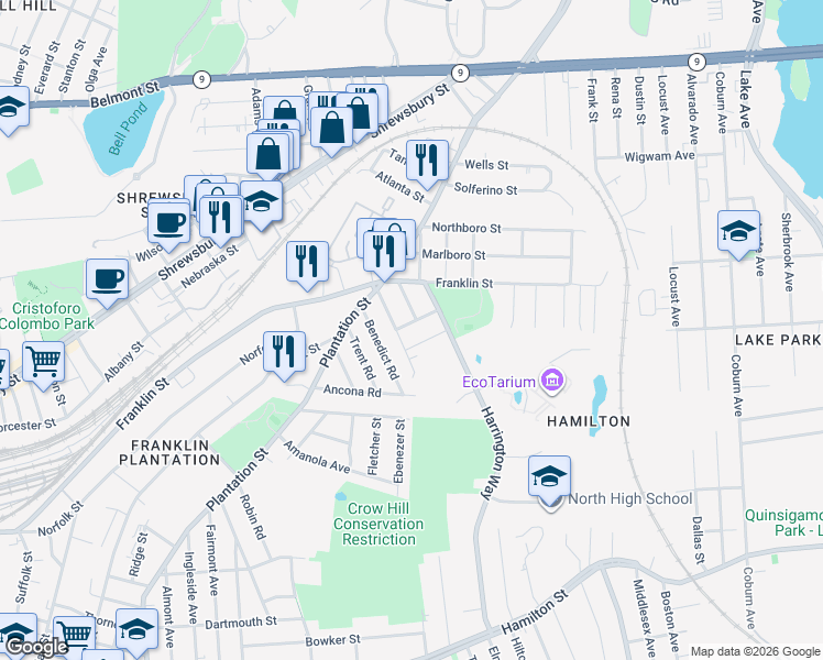 map of restaurants, bars, coffee shops, grocery stores, and more near 25 Emerson Street in Worcester