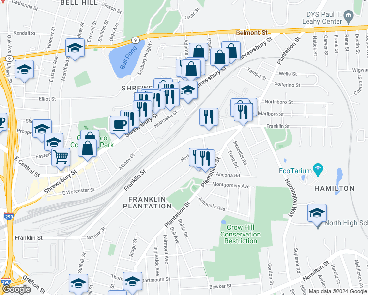 map of restaurants, bars, coffee shops, grocery stores, and more near 200 Norfolk Street in Worcester
