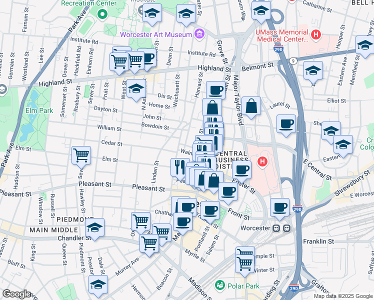 map of restaurants, bars, coffee shops, grocery stores, and more near 18 Chestnut Street in Worcester