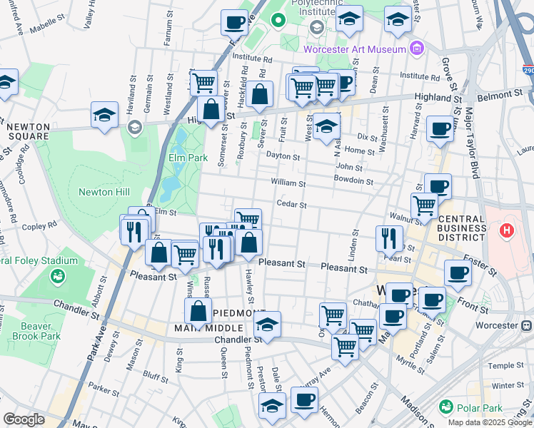 map of restaurants, bars, coffee shops, grocery stores, and more near 82 Elm Street in Worcester