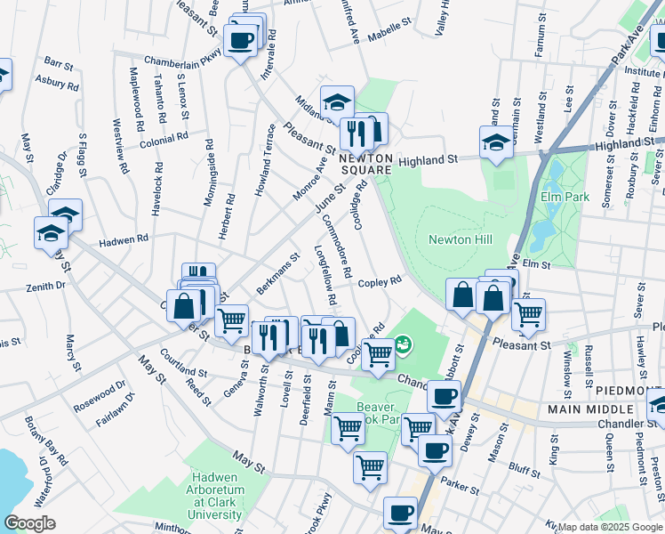 map of restaurants, bars, coffee shops, grocery stores, and more near 59 Longfellow Road in Worcester