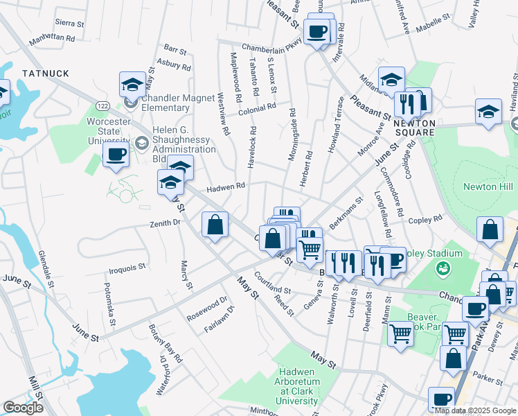 map of restaurants, bars, coffee shops, grocery stores, and more near 7 Woodman Road in Worcester