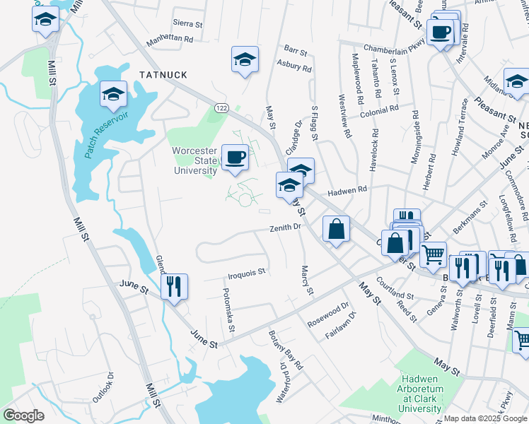 map of restaurants, bars, coffee shops, grocery stores, and more near 26 Zenith Drive in Worcester