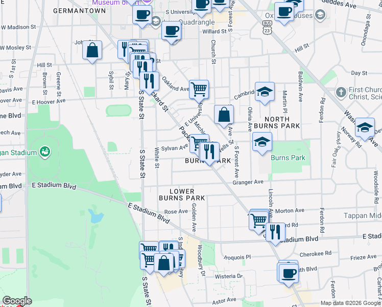 map of restaurants, bars, coffee shops, grocery stores, and more near 933 Woodlawn Avenue in Ann Arbor