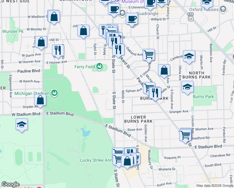 map of restaurants, bars, coffee shops, grocery stores, and more near in Ann Arbor