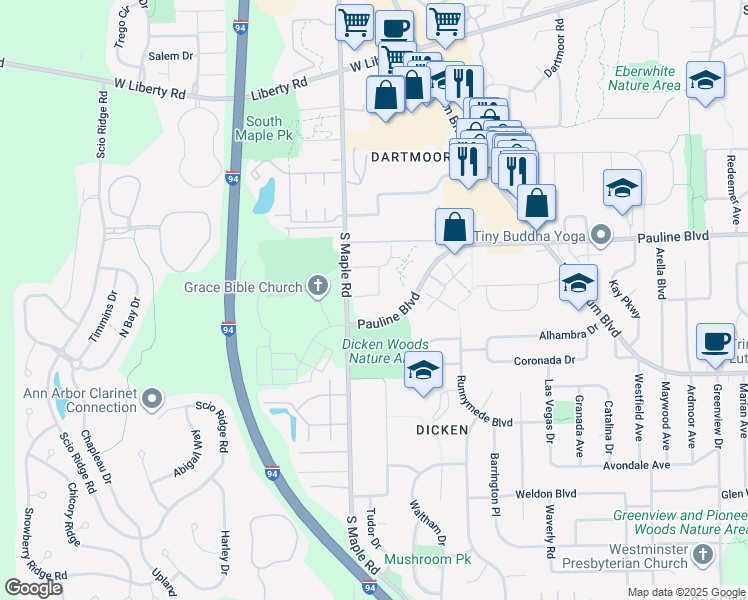 map of restaurants, bars, coffee shops, grocery stores, and more near 2150 Pauline Boulevard in Ann Arbor