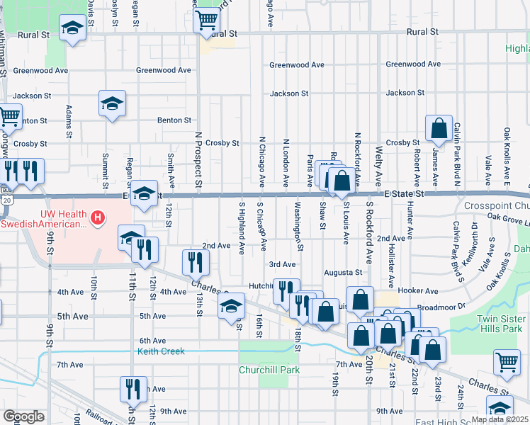 map of restaurants, bars, coffee shops, grocery stores, and more near 216 South Chicago Avenue in Rockford
