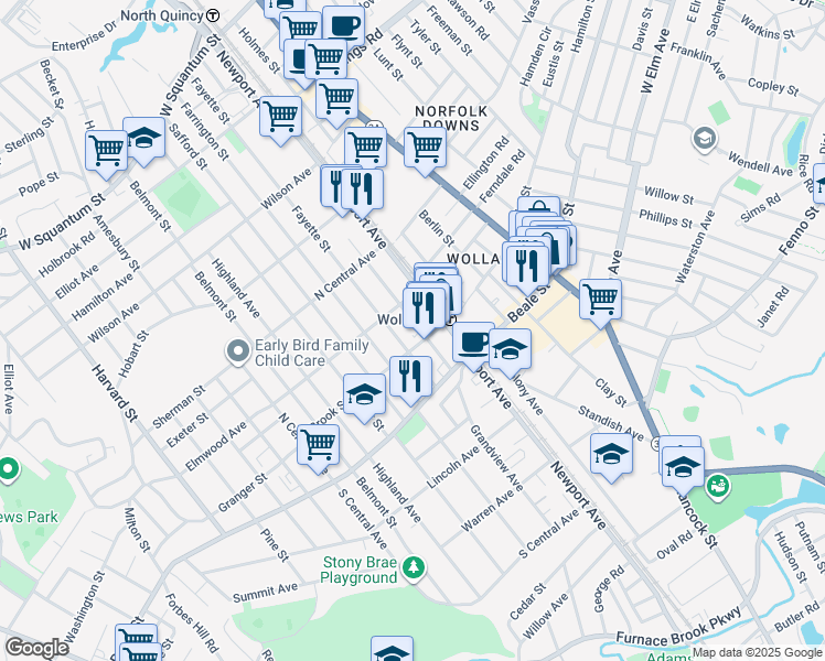 map of restaurants, bars, coffee shops, grocery stores, and more near 225 Arlington Street in Quincy
