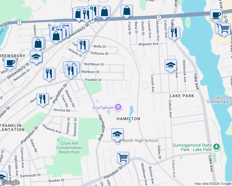 map of restaurants, bars, coffee shops, grocery stores, and more near 21 Frongillo Farm Road in Worcester