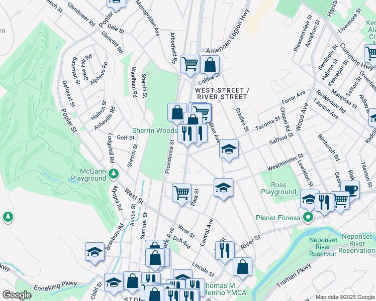 map of restaurants, bars, coffee shops, grocery stores, and more near Hyde Park Avenue in Boston