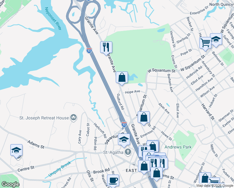 map of restaurants, bars, coffee shops, grocery stores, and more near 35 Guilford Road in Milton