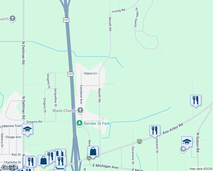 map of restaurants, bars, coffee shops, grocery stores, and more near 801 Munith Road in Jackson