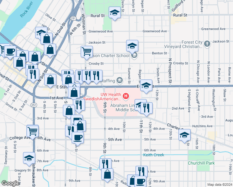 map of restaurants, bars, coffee shops, grocery stores, and more near 1313 East State Street in Rockford