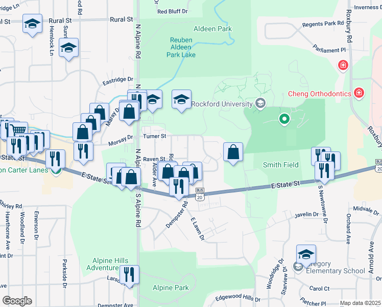 map of restaurants, bars, coffee shops, grocery stores, and more near 311 Dawn Avenue in Rockford