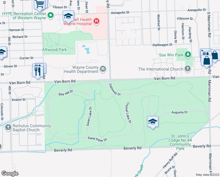 map of restaurants, bars, coffee shops, grocery stores, and more near 33290 Gateway Drive in Romulus