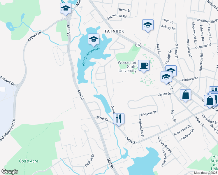 map of restaurants, bars, coffee shops, grocery stores, and more near 11 Chicopee Street in Worcester
