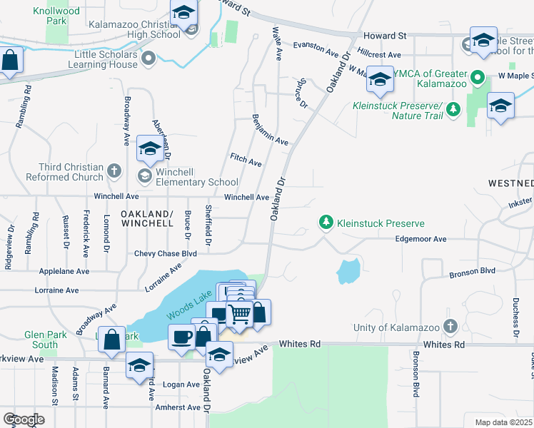 map of restaurants, bars, coffee shops, grocery stores, and more near 2514 Oakland Drive in Kalamazoo