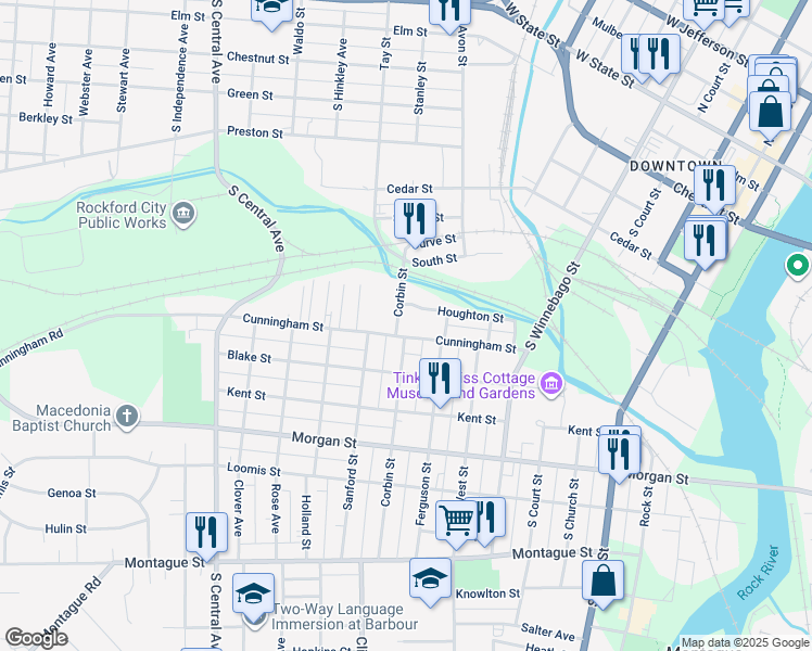 map of restaurants, bars, coffee shops, grocery stores, and more near 733 Corbin Street in Rockford