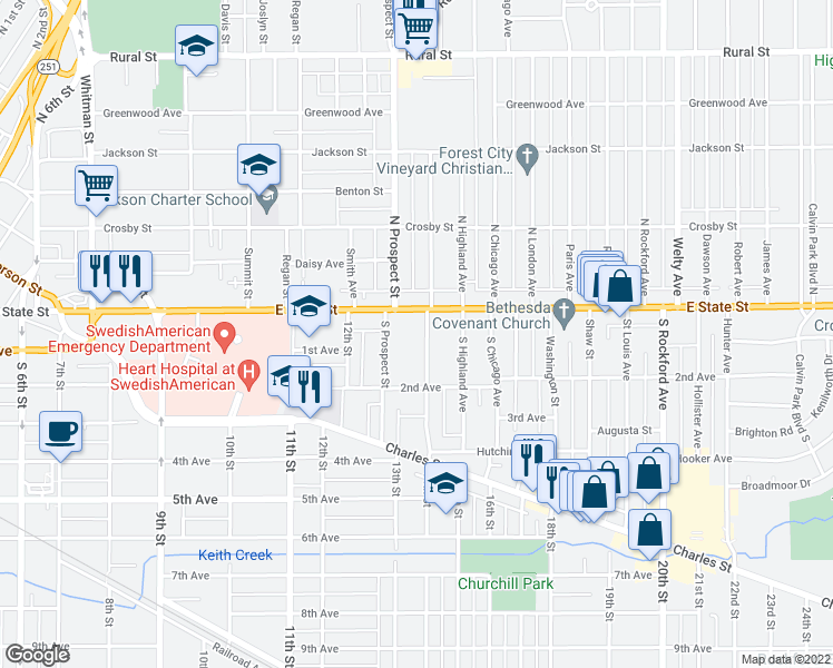 map of restaurants, bars, coffee shops, grocery stores, and more near 119 South Gardiner Avenue in Rockford