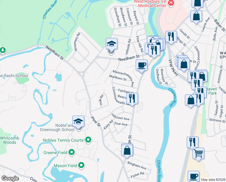 map of restaurants, bars, coffee shops, grocery stores, and more near 63 Riverview Street in Dedham