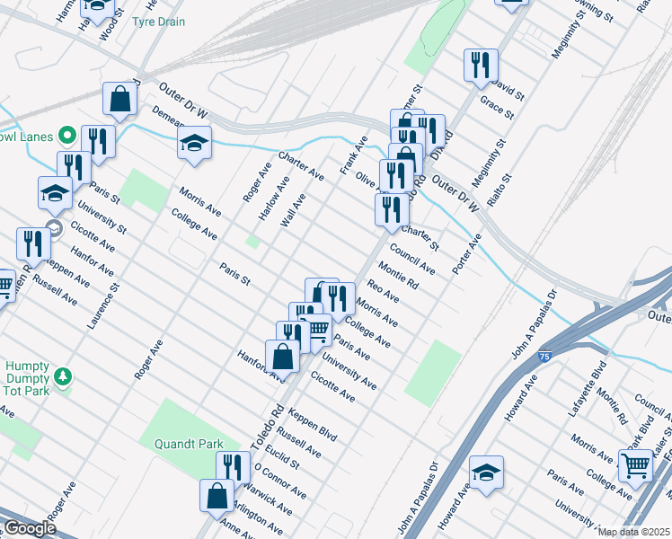 map of restaurants, bars, coffee shops, grocery stores, and more near 2112 Reo Avenue in Lincoln Park
