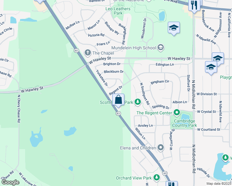 map of restaurants, bars, coffee shops, grocery stores, and more near 228 Pinehurst Drive in Mundelein