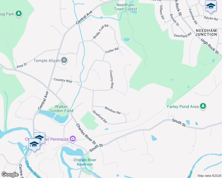 map of restaurants, bars, coffee shops, grocery stores, and more near 294 Country Way in Needham