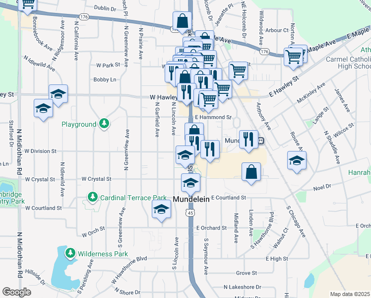 map of restaurants, bars, coffee shops, grocery stores, and more near 200 North Lake Street in Mundelein