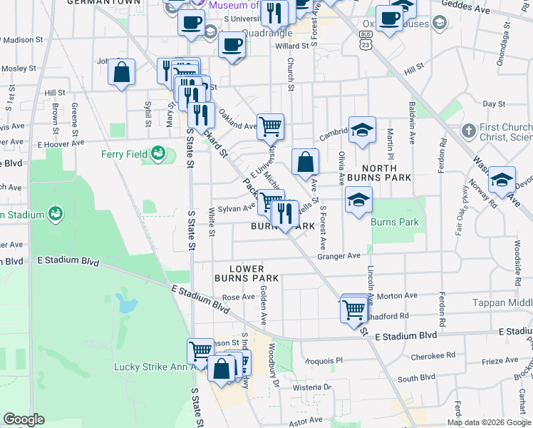 map of restaurants, bars, coffee shops, grocery stores, and more near 1108 Packard Street in Ann Arbor