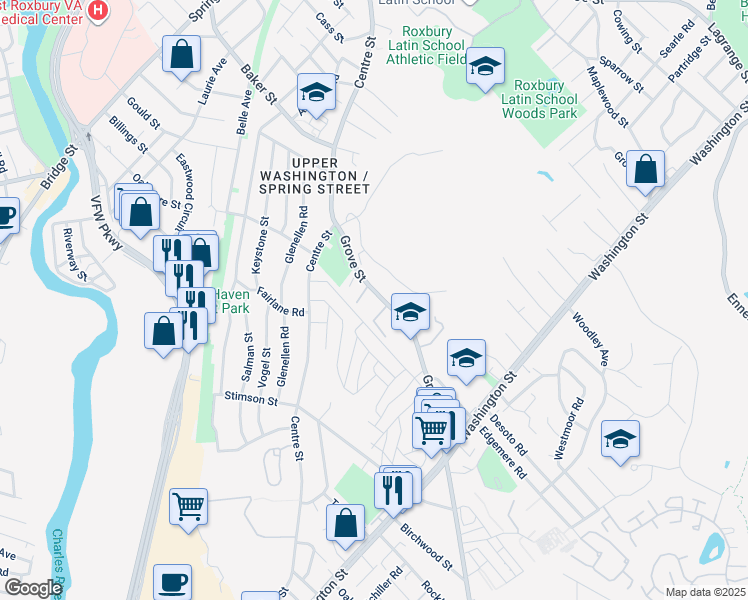 map of restaurants, bars, coffee shops, grocery stores, and more near 62 Grove Street in Boston